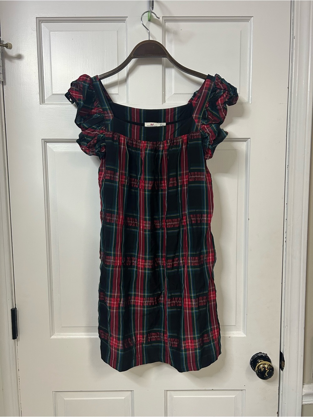 Vineyard Vines Womens Plaid Ruffle-Sleeve Dress in Red and Green